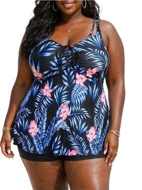 Hanna Nikole Plus Size 22W Tankini Set Tropical Floral Print Top Black Boyshorts